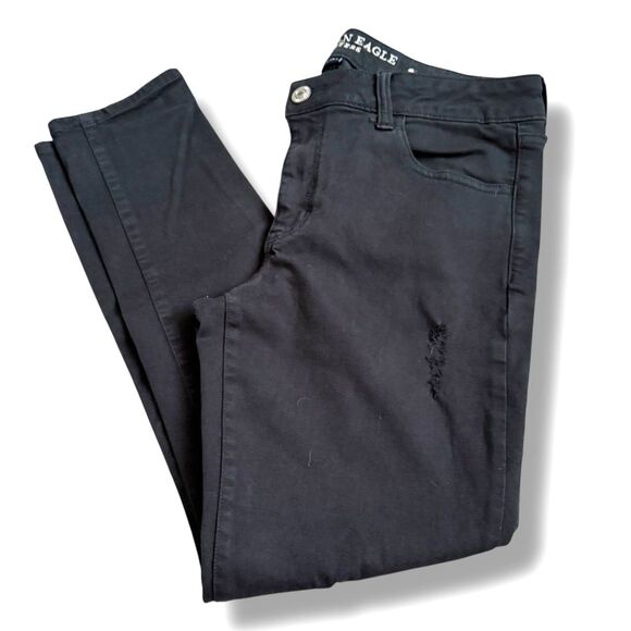American Eagle Women’s Size 12 Black Distressed Super Stretch Skinny Jeans - Picture 1 of 9
